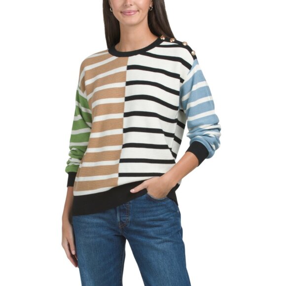 ENGLISH FACTORY Multi Striped Combo Sweater With Buttons - Picture 1 of 2